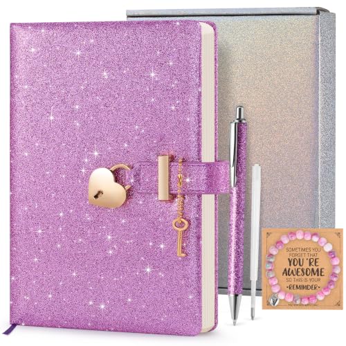Yonavita Purple Glitter Diary with Lock & Key No-Shed Sparkle Secret Journal Birthday Gift for Girls Ages 6-12 A5 Lined Notebook 8.4x5.7 with Pen Refill Bracelet & Gift Box