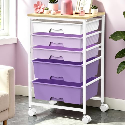 Image of SUNALLY Rolling Carts With 5 Drawers, Storage Drawer Carts for Craft,Purple