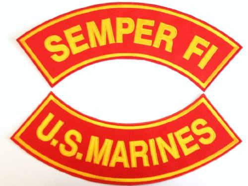 Patch Set - U.S. Marines (Scarlet and Gold) (Bottom U.S. Marines) - (Top Semper Fi) Rocker Back Patch Set. Measures: 11 X 3 Inches Large