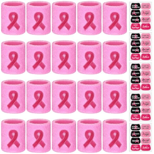 Liliful 20 Pcs Breast Cancer Wristbands, 40 Pcs Stickers, Pink - image 1