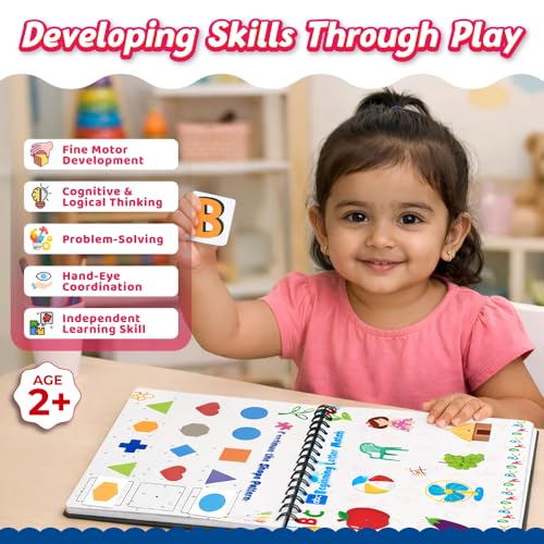 Image of Pick & Stick Velcro Learning Activity Book For Kids | Busy Book Level 1 For 2+ Years Old Toddlers | Montessori DIYs, Skill Builder, Numbers, Alphabets, Body Parts, Colors, Travel Vehicles, Kids Gifts