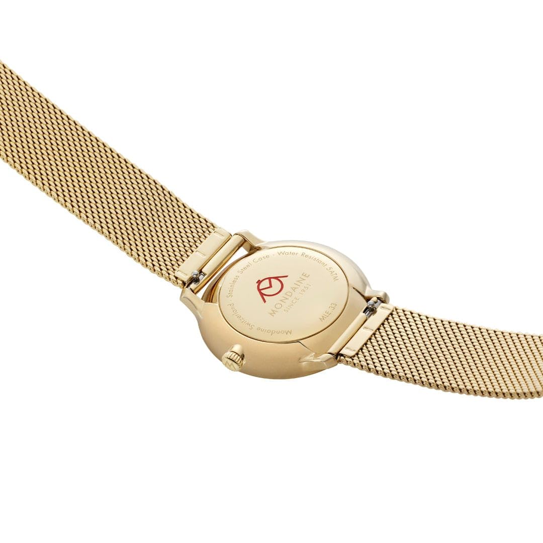 Mondaine Doppio 33 mm szwajcarski zegarek kwarcowy dla mężczyzn i kobiet, styl vintage, szafirowy kryształ ze stali nierdzewnej, złoty pasek z siatki IP, wodoodporny 5 ATM