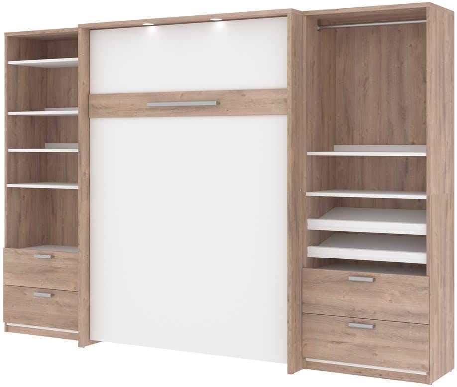 Bestar Cielo Queen Murphy Bed with 2 Closet Organizers with Drawers (125W) in Rustic Brown and White, Sleeping Arrangement for Multipurpose Room