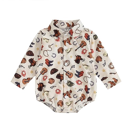 Image of Kayotuas Western Baby Boy Clothes Cowboy Shirt Romper Long/Short Sleeve Button Down Dress Bodysuit Infant Gentleman Outfits
