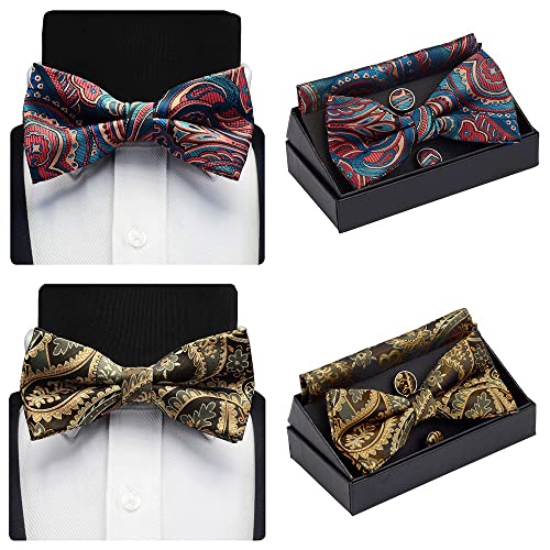 Set masculino de corbata de moño preanudada con pañuelo y gemelos miniatura 3