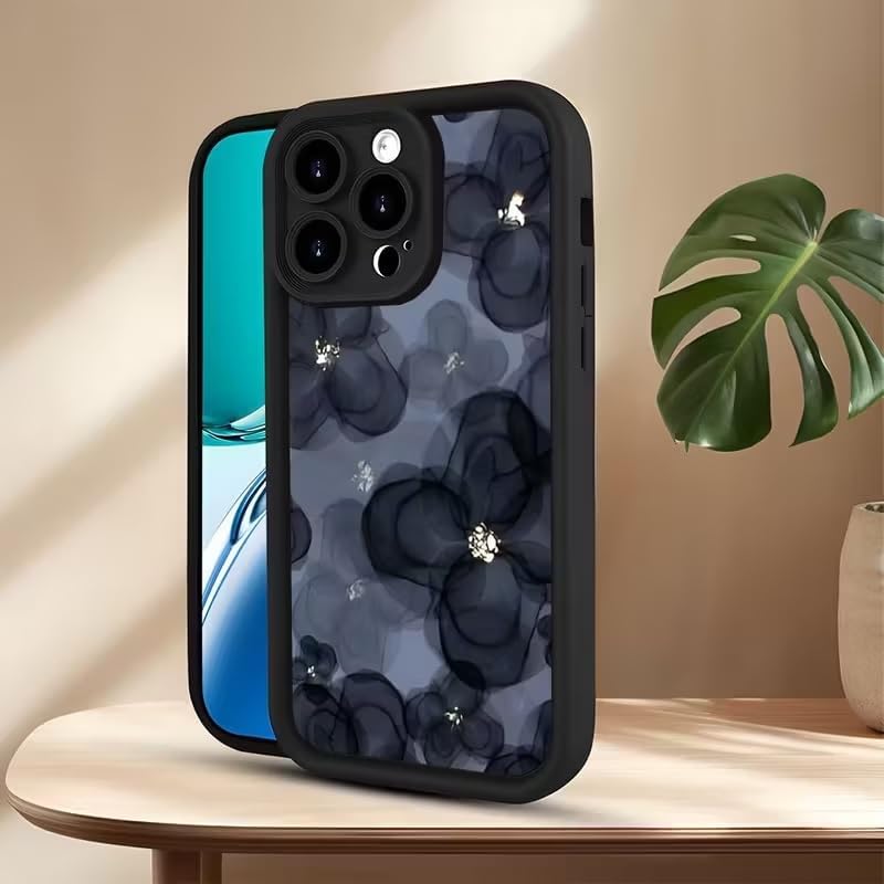 Image of COVERLY Floral Sparkling Back Case Cover for iPhone 16 Pro Max | Hot 3D Flower Black Cute Design | Lens Protection | Soft TPU Silicone Aesthetic Print Cover for Girls & Women (Black, Shockproof)