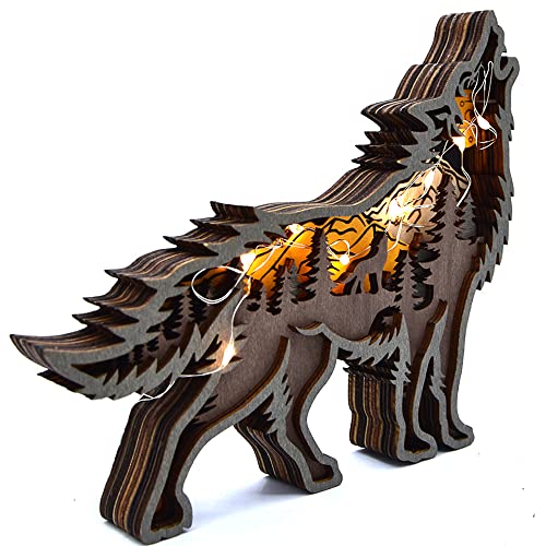 Annoomm Forest Wolf Decor,Animal Wooden Wolf Statues And Figurines Home Ornament Multilayer Woodland Wolf Silhouette And Sculpture ,Wolf Decorations For Shelf Table Wood (Wolf Large With Light) #TOP8
