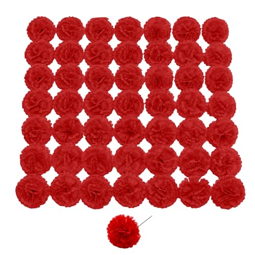 Artificial Carnation Flower, 50 Pcs Red Silk Carnation Bulk with Stem