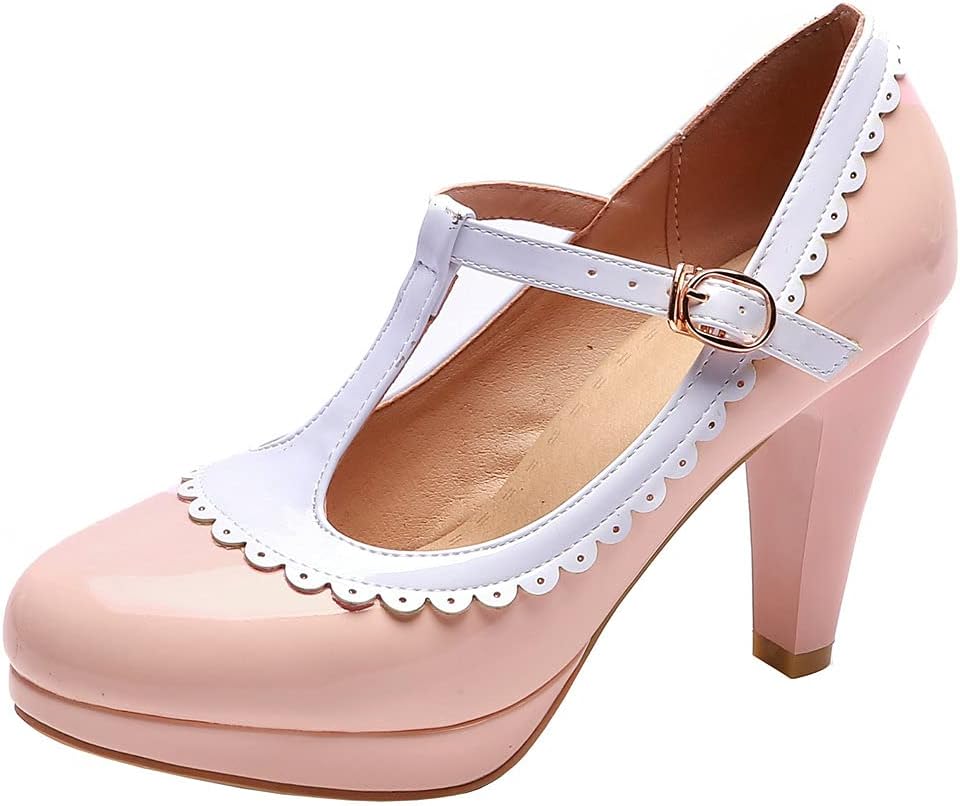 KOKOMOMO Womens Rockabilly Shoes T Strap Platform Mary Janes High Heel Patent Ankle Strap Pumps