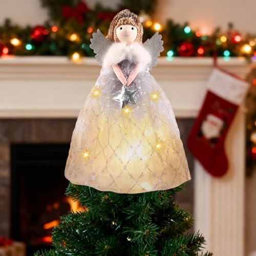 Christmas Angel Tree Topper, Light Up Angel Treetop Figurine Xmas Fairy Ornaments Christmas Tree Decorations for Xmas Holiday Ornament Decor