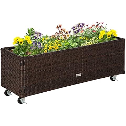 Outsunny Hochbeet Poly Rattan mit Rollen Pflanzkasten Cover