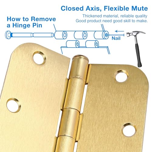 Image of 3 Pack Round Door Hinges 3-1 /2 inch x 3.5 inch, 5 /8 Radius, Brushed Brass 3 Inch Satin Gold House Interior Hinge for Bed /Living /Guest /Pantry /Storage /Study /Work Room Doors Heavy Duty Iron Hardware Kit