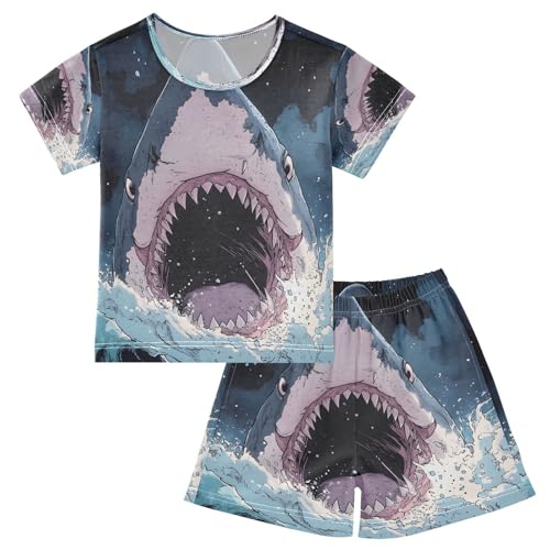 ALAZA Shark Mouth Cartoon Pajamas Set Short Sleeve Cotton Sleepwear Summer Pjs 2 Piece 5-14Y