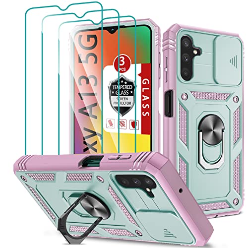 Galaxy A13 5G Case, Galaxy A04S Case with 3 Pcs Tempered Glass Screen Protector Built in Ring Stand Kickstand + Camera Cover, Hard PC Soft TPU Defender Full Body Protective Armor Case Cover -Macaron
