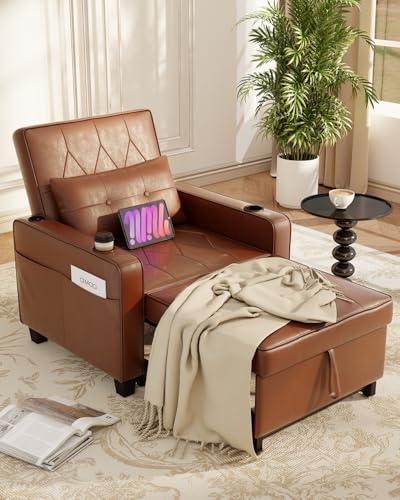 AILEEKISS 3 in 1 Convertible Sleeper Chair Bed Pull Out Leather Sofa Chair Bed with Cup Holders,USB & Type C Ports,Side Pockets Sleeper Single Sofa Couch for Livingroom,Apartment,Office(Brown)