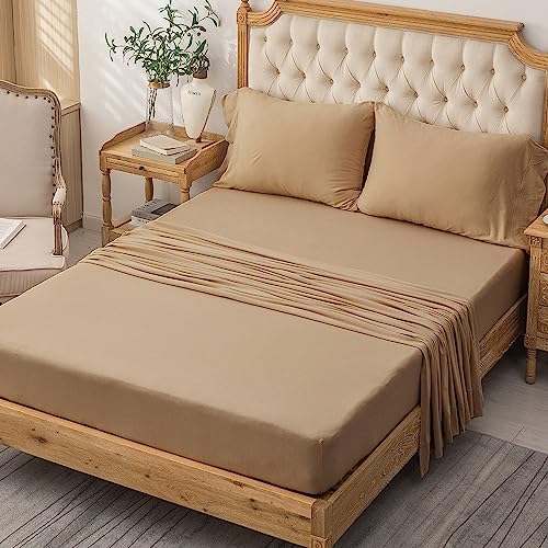 PURE ERA Jersey Knit 4pc Bed Sheet Set 100% T-Shirt Cotton Super Soft Comfy Breathable Fits Mattress Up to 20" Extra Deep Pocket (Solid Toffee Brown, Queen)
