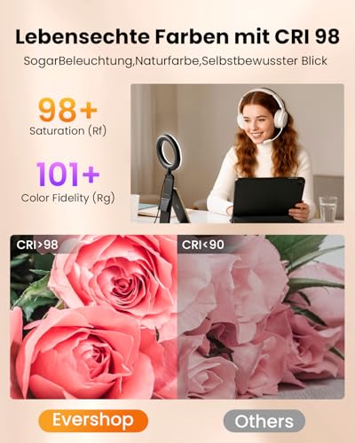 Upgrade Ringlicht Laptop Handy PC 5” Videokonferenz Licht,Evershop Ringleuchte Ringlampe mit Stativ&Handyhalter 3 Lichtfarben+10 Helligkeiten 360°Drehbar Beleuchtung für Homeoffice,YouTube,TikTok 5