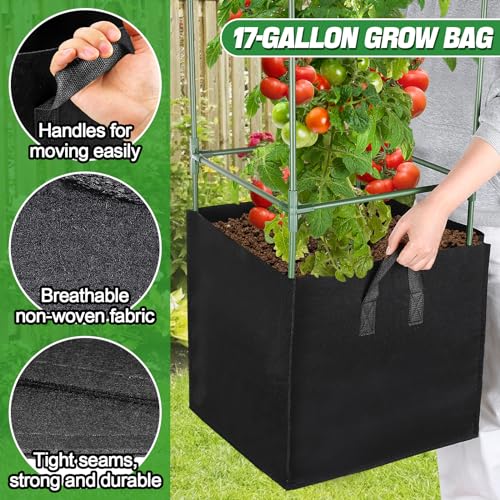 Image of ANPHSIN Sturdy Square Tomato Cage with Movable 17 Gal Grow Bags, 3 Sets