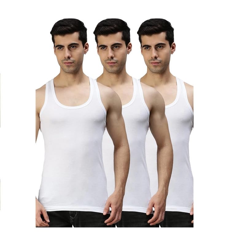 INNERO Men's Pure Cotton Regular Fit Round Neck Sleeveless Vest (White, Pack of 3)-image-42