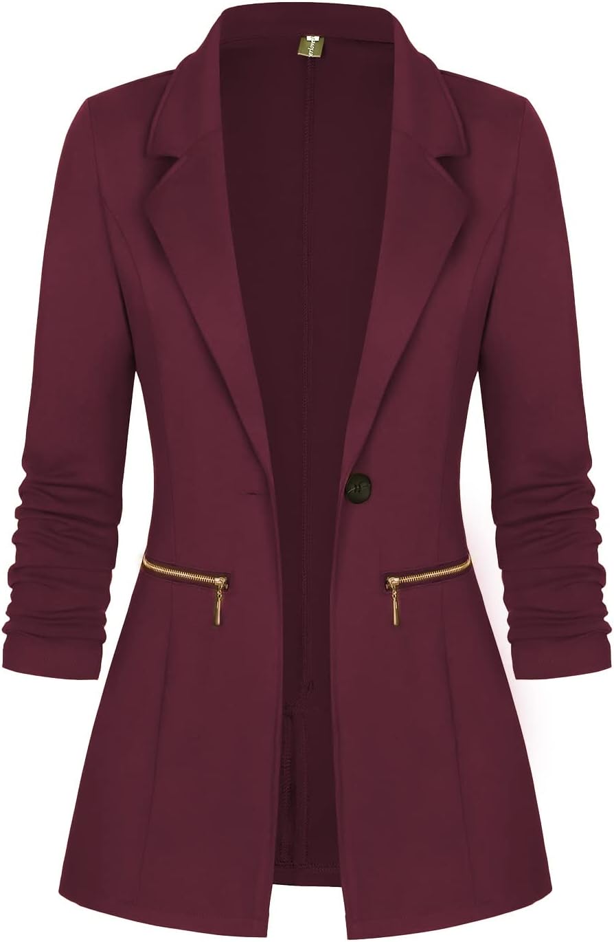 GenhooWomen's Long Sleeve Blazer Open Front Cardigan Jacket Work Office Blazer with Zipper Pockets S-3XL