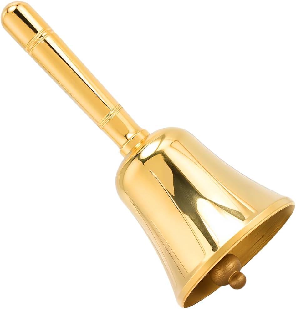 CRASPIRE Brass Hand Call Bell Loud Small 3.8 Inch Vintage Retro Unplated Solid Display Service Decorative Handheld Ringing Handbells for Hotel Home Office Desk Seniors Bedside Classroom DIY Decor