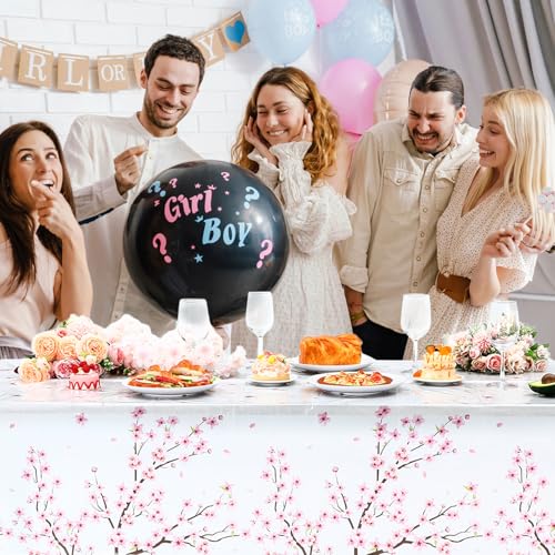 Image of Ganeen 3 Pcs Cherry Blossom Tablecloth Disposable Plastic Table Covers Cherry Waterproof Tablecloths for Baby Shower Birthday Party Decor, 54 x 108 Inch