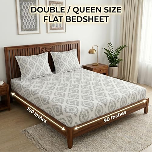 Image of Mafatlal 186 TC Grace Pure Cotton Double Size Bedsheet | 90 x 100 Inch | Soft Breathable Cotton Bed Sheet Set with 2 Pillow Covers | Pearl Grey