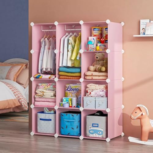 Image of Mevigo Foldable Plastic Wardrobe for Clothes - 12- Door Baby Cupboard for Clothes Storage, Wardrobe for Kids, Plastic Almirah, Collapsible Wardrobe for Kids Livingroom & Home -Pink-R5