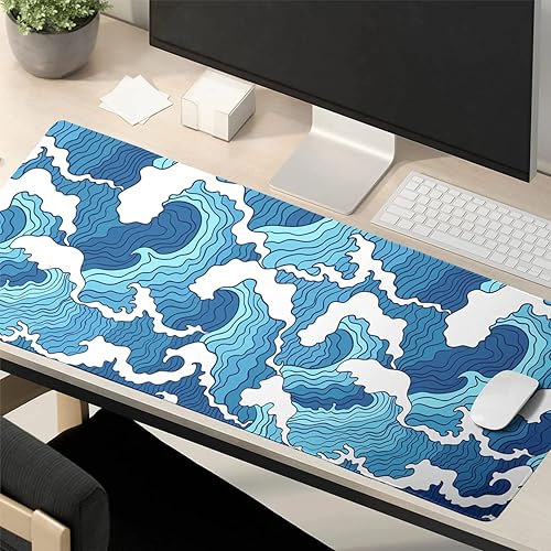 Image of Printed Gaming Mousepad - Premium Stitched Edges, Smooth Surface,Size 11x23 inches, Non-Slip Rubber Base - Ideal for Office & Gaming Setup (Japanese Blue and White Wave)