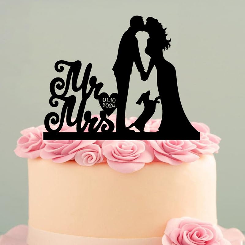 Custom Mr And Mrs Wedding Cake Topper With Dog Dachshund Animal For Bride Groom, For Funny Novelty Acylic Personalized Party Cake