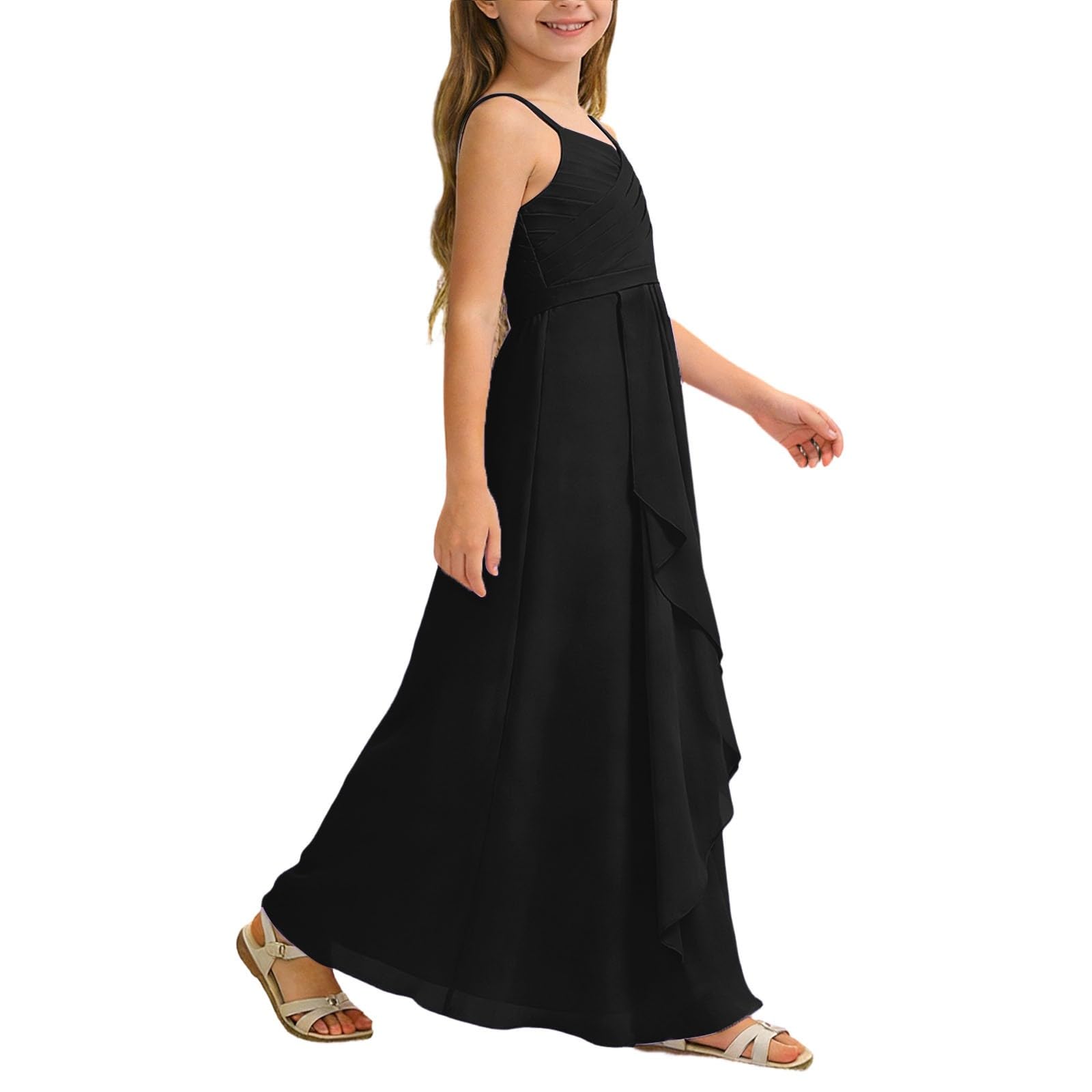 MaNMaNing Abito Linea Damigella Giovane Chiffon fluente Maxi Matrimonio Festa sfilata Elegante Vestito Lungo Bambina
