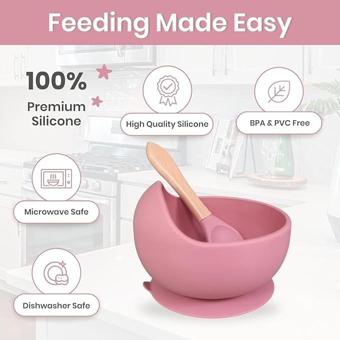 Silicone Suction Bowl    & Wooden Spoon Set | BPA-Free, Baby Feeding Set | Non-Slip, Unbreakable, Microwave Safe | Ideal for Toddlers & Infants | Compact & Travel Friendly (Pink) - Image 3 thumbnail