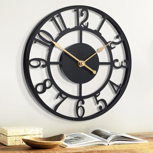 Jassurance 10IN Arabic Wall Clocks Battery Operated Black Silent Metal Wall Clock for Living Room Decor Kitchen Wall Clock Decorative