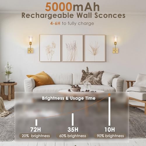 Image of Neoglint Battery Operated Wall Sconces Set of 2, 5000mAh Rechargeable Wireless Wall Lights, Satin Brass Gold with Glass Shade, Dimmable Touch Control Non-Hardwired Lamps for Bedroom Living Room