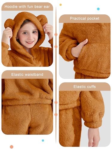 2 Piece Girls Fuzzy Bear Ear Hoodie Sweatshirt and Sweatpant Warm Long Sleeve Fluffy Sweatsuit Kids Clothing Sets3