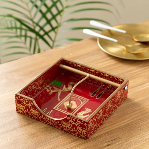 Image of Wooden Napkin Holder with Gold Engraving | Pack of 1 | Size : 7.5 x 7.5 inch | Enamel Coated Waterproof | Tissue Holder for Dining Table | (Red Camel Napkin Holder)