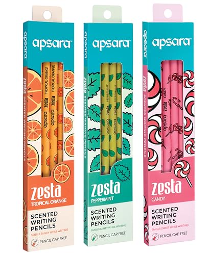 Image of Apsara Zesta Scented Pencils | Tropical Orange, Candy & Peppermint 3 Unique Fragrances | Eraser Attached & Pencil Cap Included, Pack of 18