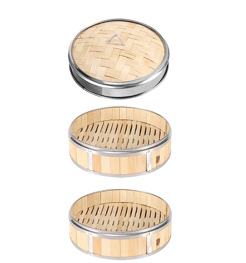 Luminexia Cesta de Vapor de bambú,2 Niveles con Tapa Steam Cooker,Olla vaporera de bambú Cocinar al Vapor con Bandas de Acero Inoxidable - para arroz,Dim Sum,Verduras,Carne y Pescado (8 tamaños)