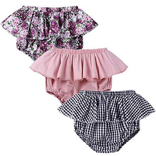 REWANGOING 3 Pack of Baby Infant Kids Girl Soild Cotton Linen Blend Soft Ruffle Bloomer Shorts Pants (2-3 Years/Tag 110, Bloomer#9)