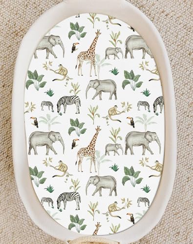 Image of Bassinet Sheets for Baby Girls Boys 2 Pack, Fitted Baby Mattress Sheet for Rectangle, Oval, Hourglass Bassinet Mattress, Breathable Cozy & Universal Fit (Jungle Journey, Bassinet Sheet)