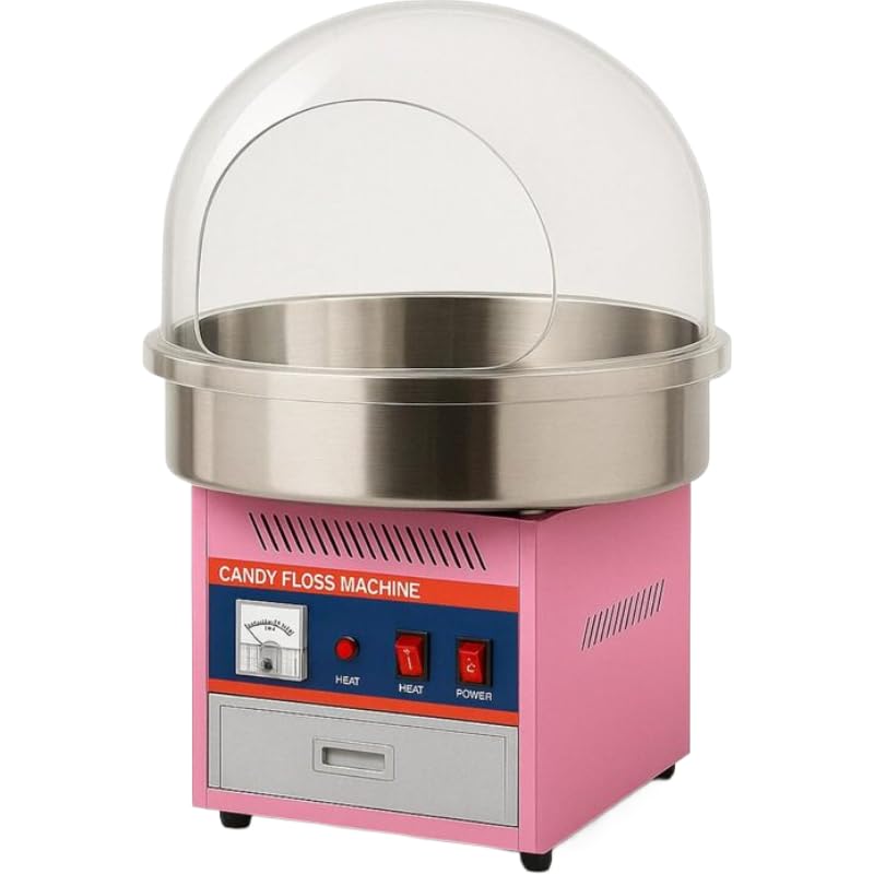 Machine à Barbe à Papa Professionnelle avec Bulle de Protection – 1,8 kg/h, Acier Inox, Cuve 50 cm – Thermostat Réglable – Idéale Événements, Fêtes, Kermesses