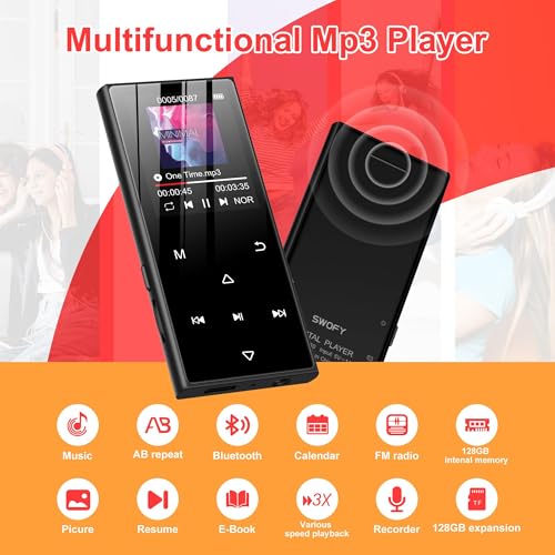 Image of 128GB MP3 Player with Bluetooth 5.3, SWOFY D50 Portable Music Player Built-in HD Speaker, FM Radio, Voice Recorder, HiFi Sound, E-Book, Earphones Included, Supports Expanded Up to 256GB Black