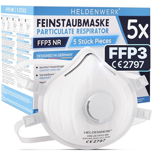 HELDENWERK® FFP3 Maske mit Ventil – 5er, 10er oder 20er Set – Atemschutzmaske/Staubschutzmaske zertifiziert Ausatemventil – Staubschutzmasken mit verstellbaren Hinterkopfband (5er Pack)