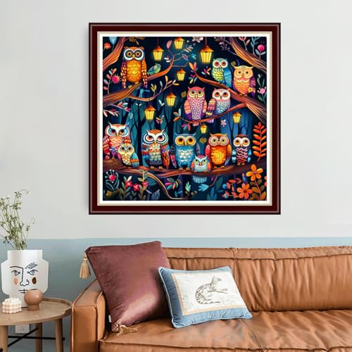Image of Joyhoor Cross Stitch Kits for Beginners Stamped Cross-Stitch Supplies Needlework preprint Embroidery Kits for Adults DIY Needlepoint Kit Embroidery Patterns 11CT-Colorful Night Owl 18x18 inch