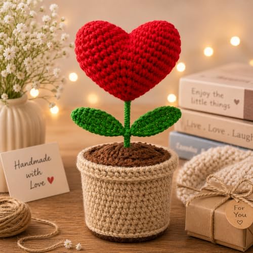 Image of Handcrafted Crochet Flower Pot | 7 Inch Handmade Wool Flower Plant | Premium Soft Yarn Decor | Cute Desk & Home Decoration | Unique Gift for Birthday, Anniversary & Valentine (Heart)
