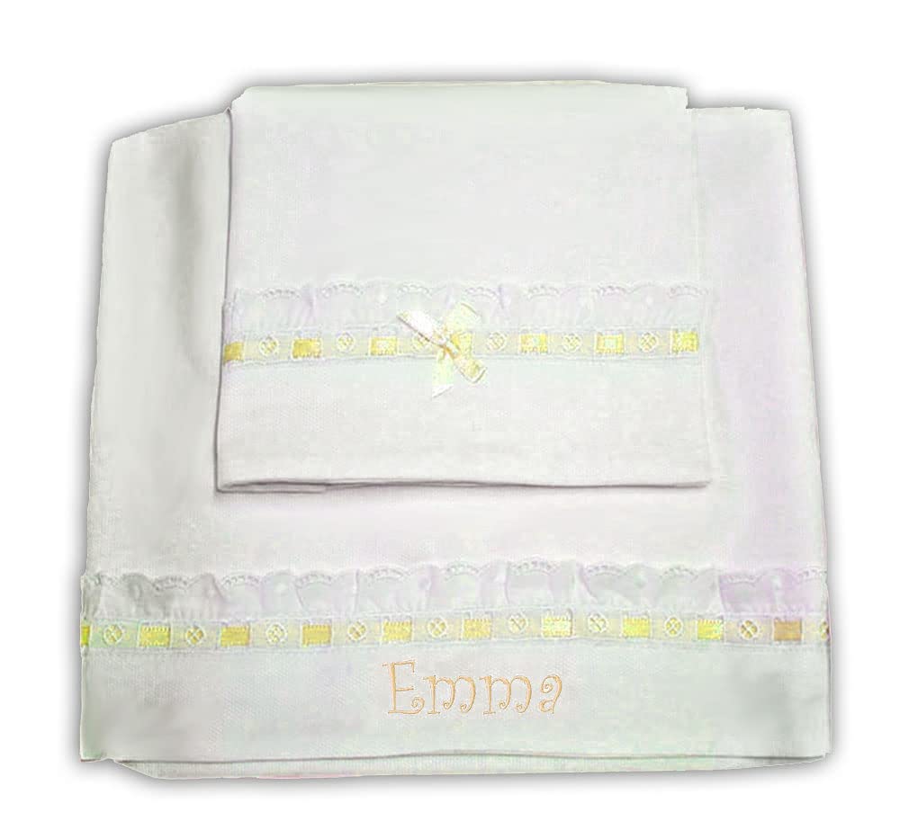 Zigozago - 3-teiliges Baby Bettwäsche Komplett Set "Elegant" mit Sangallo Spitze - 100% Baumwolle, handgefertigt, bestickt und mit Namen personalisierbar