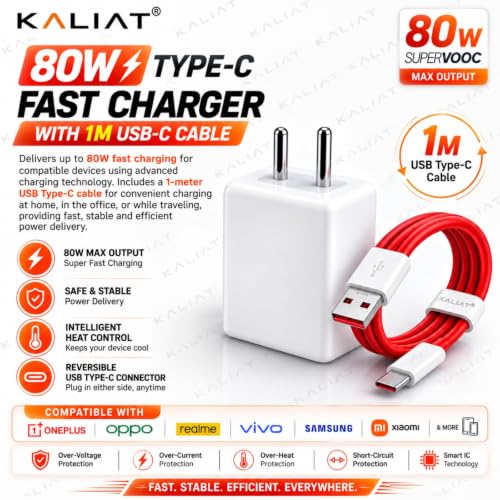Image of C Type Charger Cable Fast Charging - 80W | USB-A Charger with 1M Type C Cable | Warp /Dart Charge Compatible with OnePlus Mobile & Other Type C Devices | Fast Data Sync & Smart Protection Chip