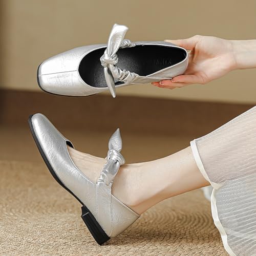 Women's Mary Jane Flat Shoes, with a Closed Square Toe and Ballet Flat Design, Featuring a Bow Strap for a Dressy Look and Comfortable Slip-On Dress Shoes4
