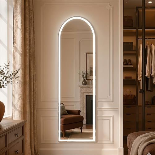 Image of Arched Full Length Mirror with LED Lights, 60 inchx16 inch LED Floor Mirror with Stand, Body Floor Mirrors with Dimming & 3 Color Lighting, Wall Mounted LED Mirrors for Bedroom, Dressing Room, Cloakroom