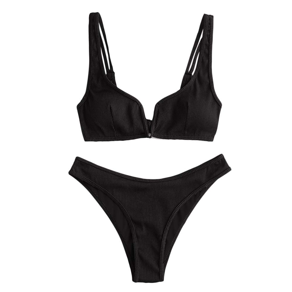 ZAFUL Conjunto de bikini para mujer en V, traje de baño de 2 piezas, tejido acanalado, nudo en la espalda, color único